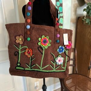NWT Brown and Green Bohemian Totes with Floral Embroidery